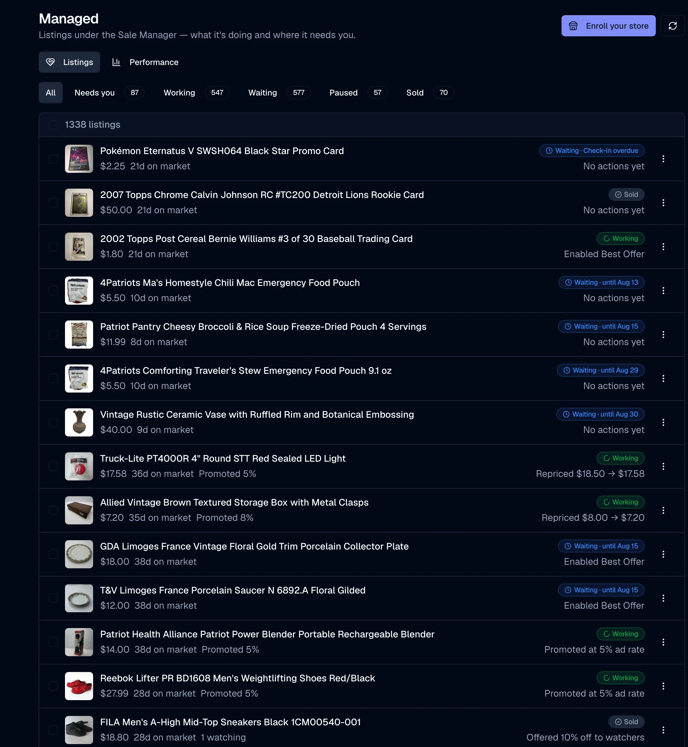 The Managed view of a live store: 1,338 listings under the Sale Manager — 87 needing you, 547 working, 577 waiting — with each row showing what happened to it, from repriced $18.50 to $17.58 and Enabled Best Offer to Promoted at 5% ad rate and Offered 10% off to watchers.