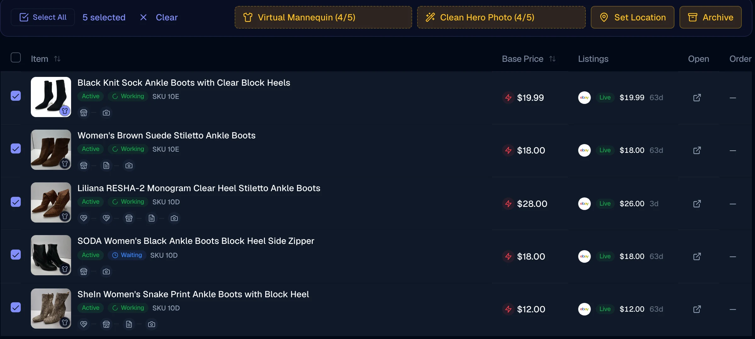 The inventory list with five pairs of boots selected and a Virtual Mannequin bulk action reading four of five — it skipped the one it could not do.