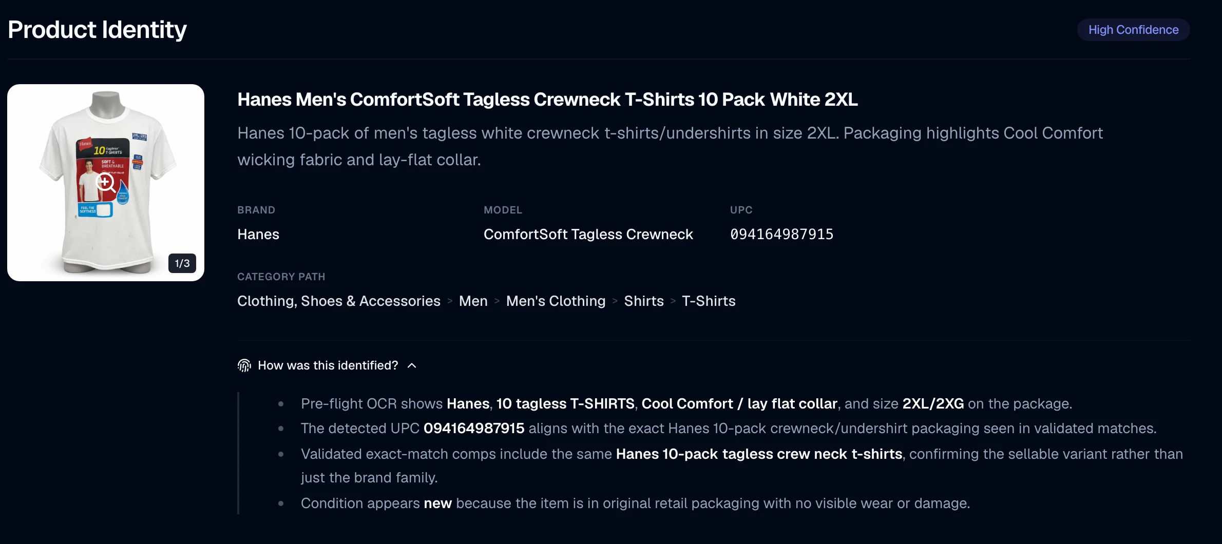 The product identity card for a Hanes ComfortSoft 10-pack: the title, description, brand, model, UPC and full eBay category path, above the reasons it was identified — the packaging text it read, the UPC it matched, and the exact-match listings that confirmed the variant.