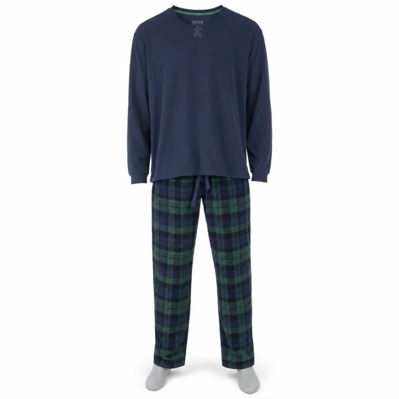 The same set worn: a navy fleece crew neck and green plaid flannel pants on a mannequin.