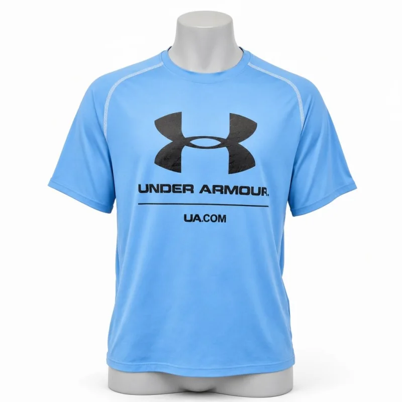 The same light blue shirt worn on a mannequin torso against a plain studio background.