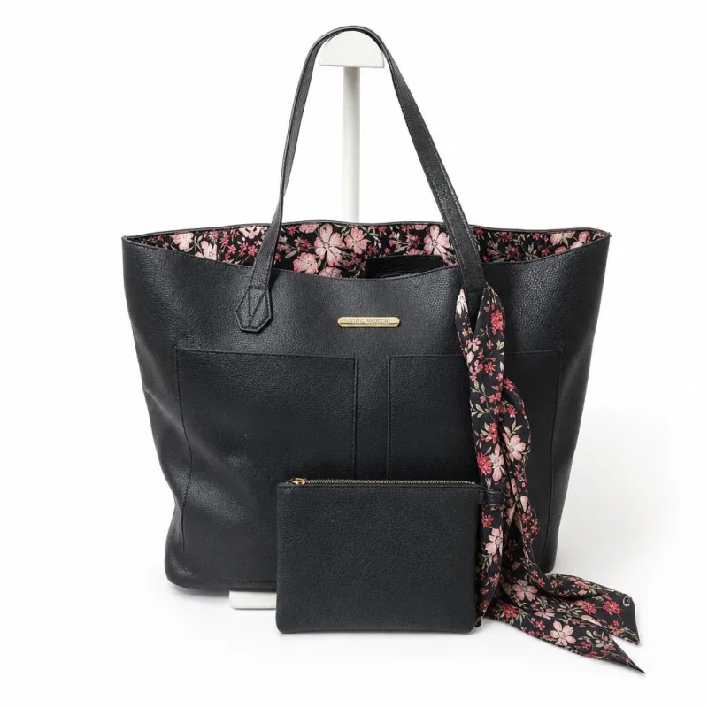 The same tote standing upright and open, floral lining visible, scarf tied to the handle.