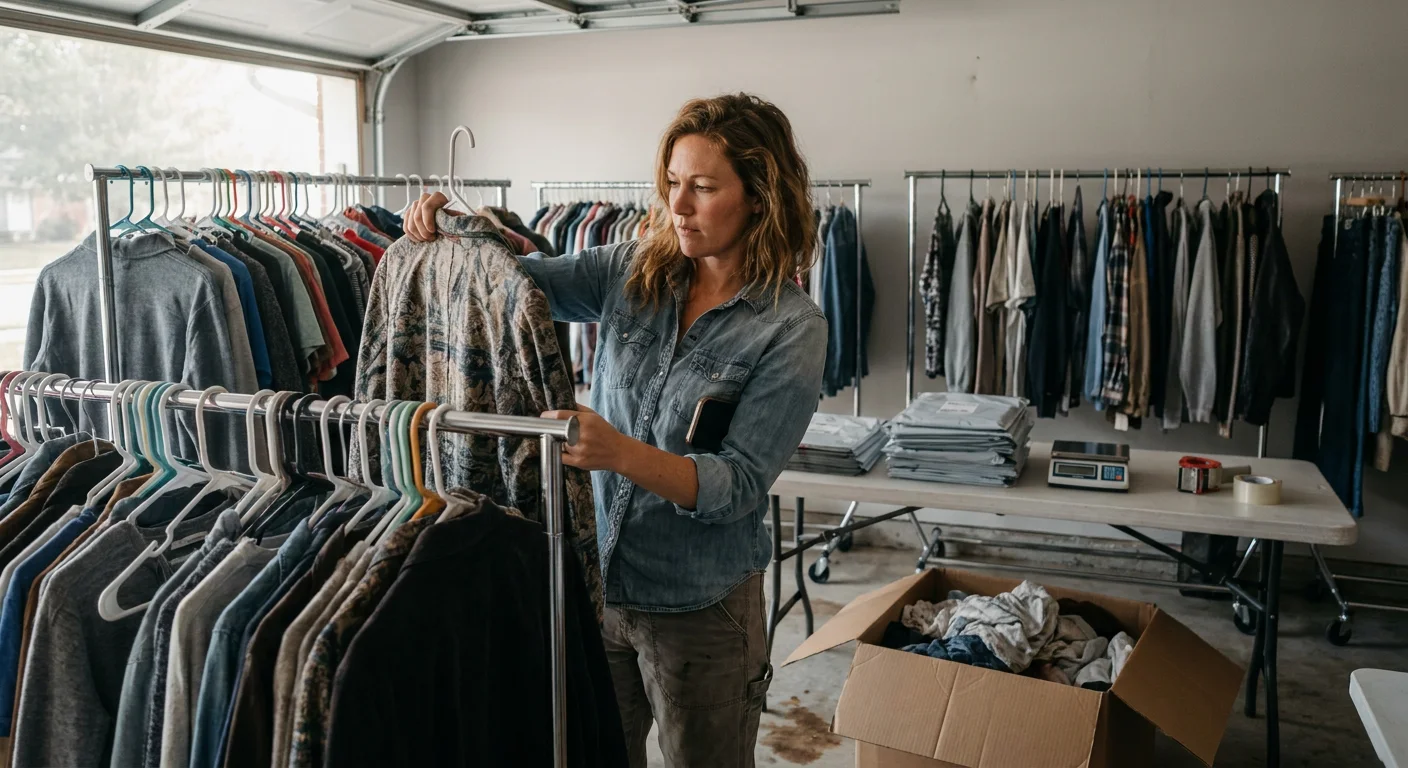 A clothing reseller in her garage, holding a jacket up off a rack packed with secondhand clothing, a folding table of poly mailers and a shipping scale behind her.