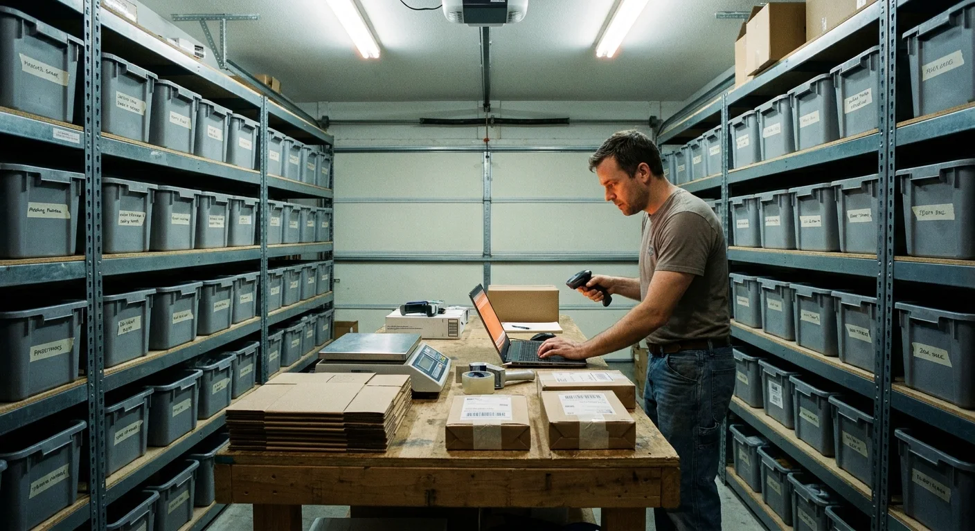 A seller at a packing bench in a garage lined floor to ceiling with labeled inventory totes, working a laptop next to a scale, a label printer and boxed orders.