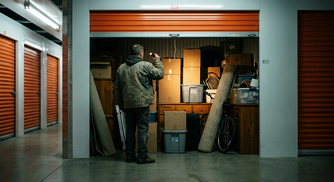 A buyer standing in the doorway of a storage unit with a flashlight, looking at a unit packed to the ceiling with boxes, totes, rolled rugs and furniture.