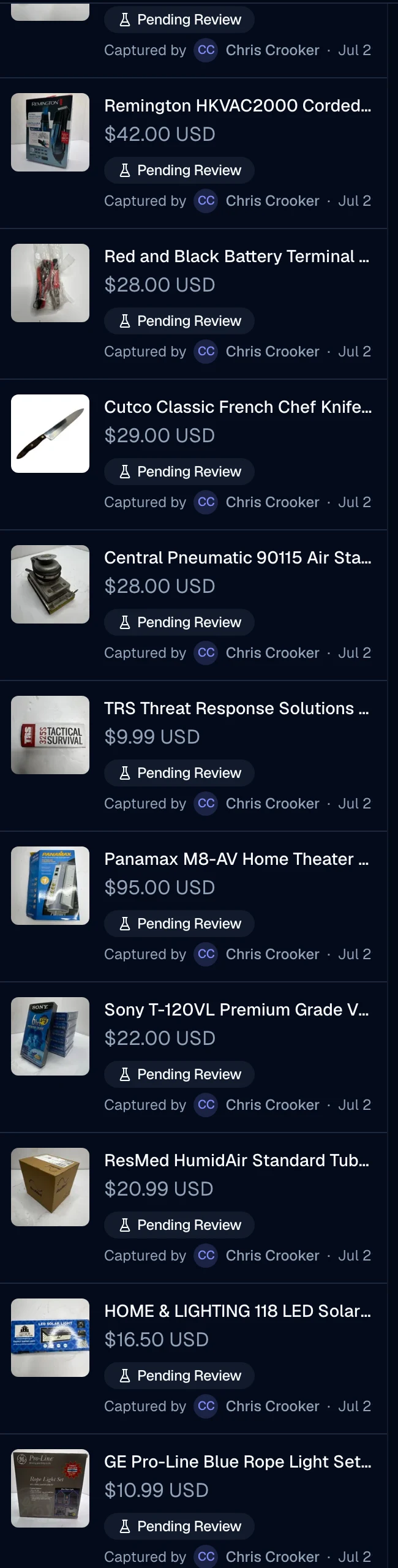 A review queue from a real lot: a Remington vacuum haircut kit, battery terminal cables, a Cutco chef knife, a Central Pneumatic air stapler, a Panamax home theater unit, Sony VHS tapes, a ResMed humidifier tub, a solar light — each identified, priced and waiting for review.