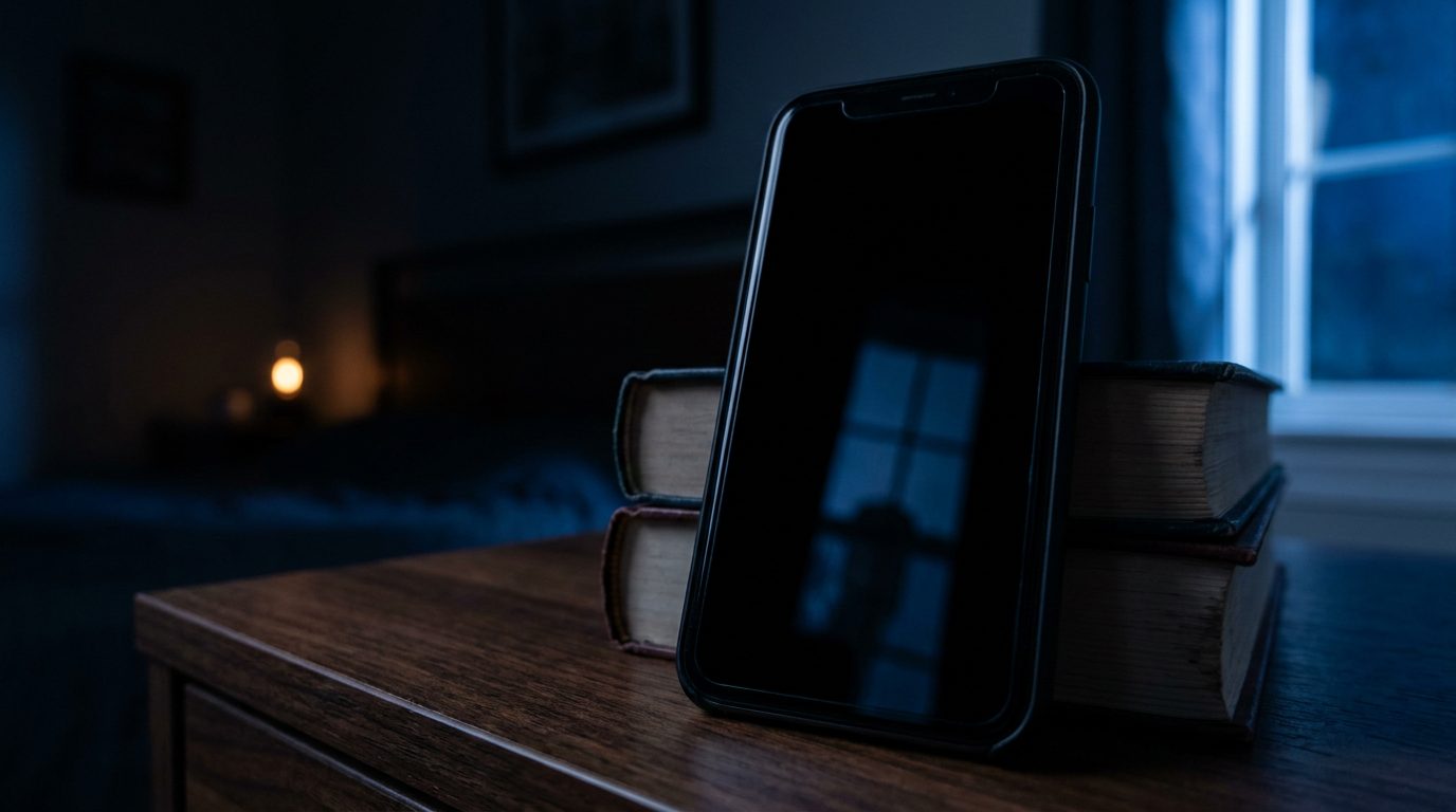 A phone standing on a nightstand in a dark bedroom at night